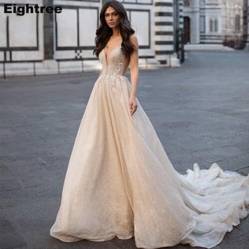 Eightree Vintage A Line Wedding Dresses Appliques Spaghetti Straps Bridal Dress Glitter Tulle Backless Wedding Gown
