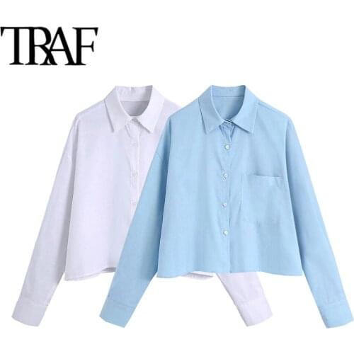 TRAF Women Fashion With Pockets Oversized Blouses Vintage Long Sleeve Button-up Female Shirts Chic Tops