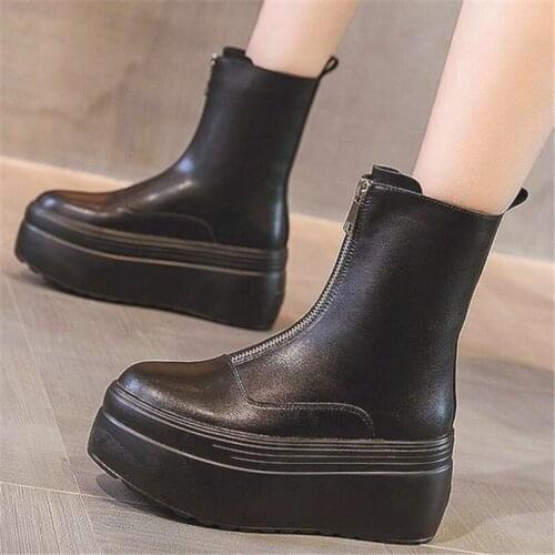 Zipper Creeper Shoe Women Real Leather High Heel Flat Platform Ankle Boots Round Toe Oxfords Comfort Shoes 34 35 36 37 38 39
