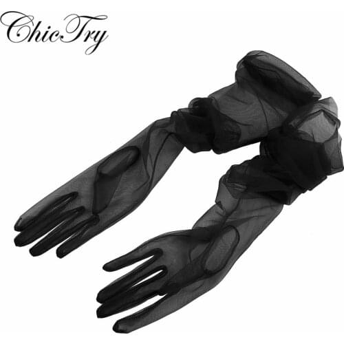 Women Female Ladies See Through Transparent Tulle Full Finger Long Gloves Mittens for Formal Party Photography Accessories