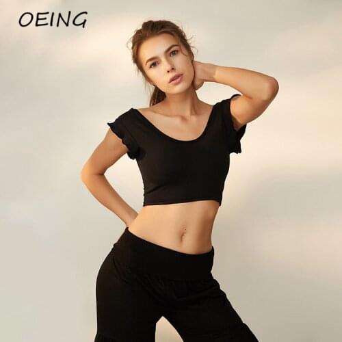 Womens Yoga Tops Ruffled Short Sleeve Exercise Crop Top Workout Seamless Activewear Gym T-Shirt