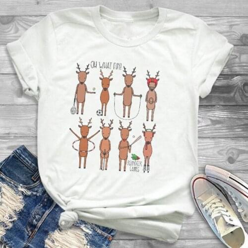 Women Cartoon Reindeer New Year Print Merry Christmas Ladies Tops Fashion Short Sleeve T-Shirt Female Graphic Causal Tee Shirt