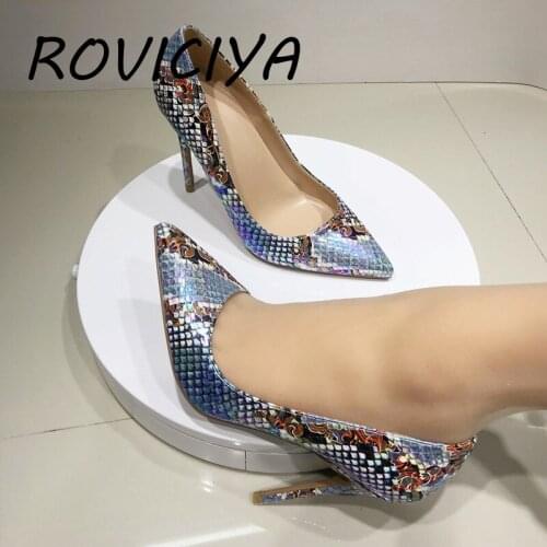 Blue serpentine spring pumps pointed toe 12cm high heels ladies shallow women shoes party evening club nightclub YG042 ROVICIYA