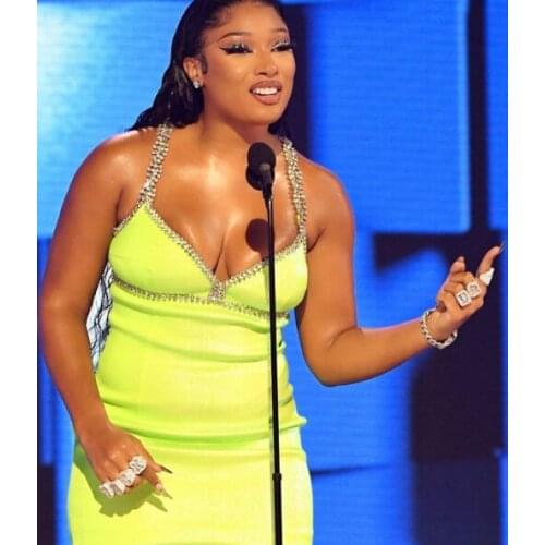 Women Summer Ladies Sexy Sleeveless Diamonds Crystal Neon Green Mini Bodycon Bandage Dress 2021 Elegant Evening Party Club Dress