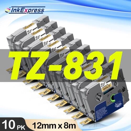 10PK 12mm Printer Ribbon 831 Compatible Brother Laminated Tape Black on Gold Sticker for Brother Labeler PT1080 PT100 PT-H110
