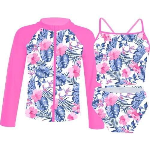 Girls Swimwear Outfits 3Pcs Rash Guard Swimsuit Kids Bikini Sport Tops Swim Shorts Surf Suit Coat Childrens Beach Bathing Suit