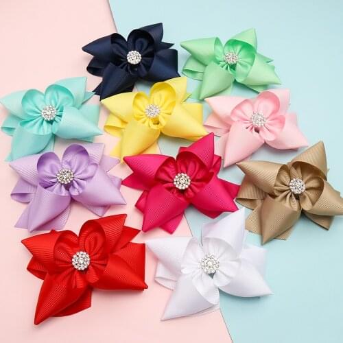 5 Inch Princess Hair Bows Solid Ribbon Bowknot Hair Clip for Girls Hairpins with Rhinestone Handmade Children Hair Accessories