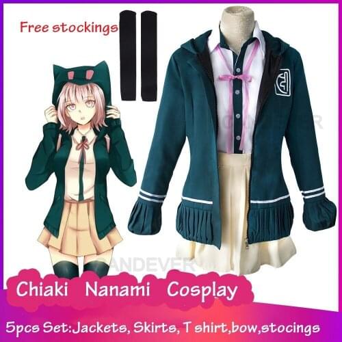 5pcs High School Students Uniform Anime Danganronpa Nanami ChiaKi Cosplay Costume Long-sleeved Jacket Short Skirt socks Skirt