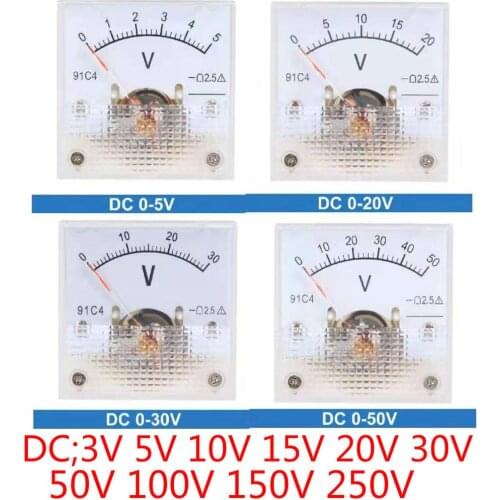 91C4-V DC3V 5V 10V 15V 20V 30V DC 0-50V 100V 150V 250V Pointer DC Analog Panel Voltage Gauge Volt Meter 2.5% Error Margin