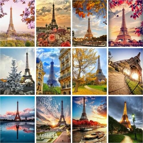 Huacan Diamond Art Painting Eiffel Tower Scenery Mosaic Tree Flower Town Landscape Embroidery City Wall Decor