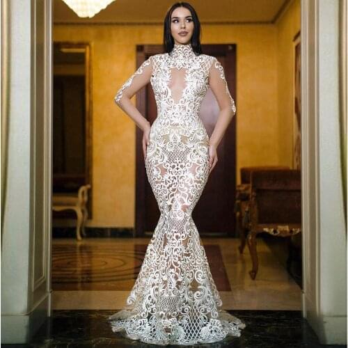 White High Neck Party Dresses Sexy See Through Prom Dress Lace Applique Women Mermaid Pageant Dress Floor Lengh Illusion