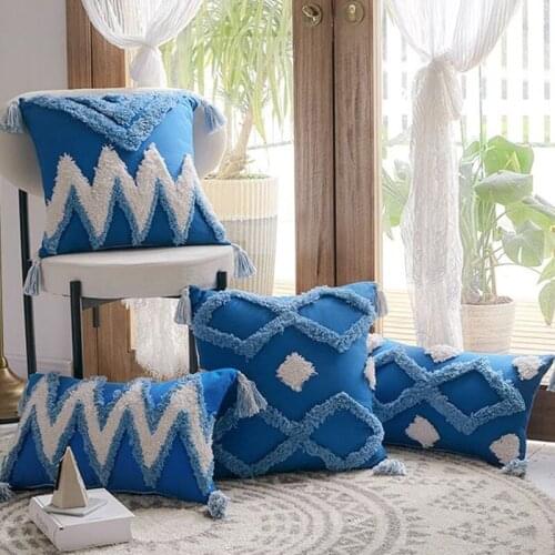 Boho Morocco Lumbar Throw Pillow Case White Blue Geometric Pattern Woven Tufted Tassels Rectangle Cushion Cover