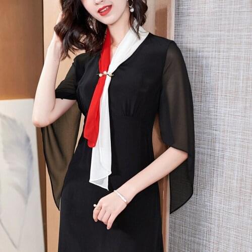 Black Chiffon Silk Crepe Dresses Women Bowtie 2021 Summer Long Casual Sexy Office Work Daily Dress Plus Size Slim Fit A Line