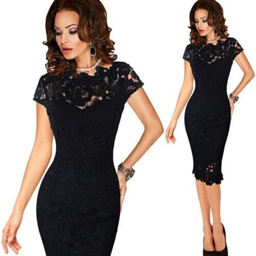 Feelycc Evening Party Dress Women See Through Hollow Out Floral Lace Bodycon Dress Office Lady Spring Summer Work Basic Dresses
