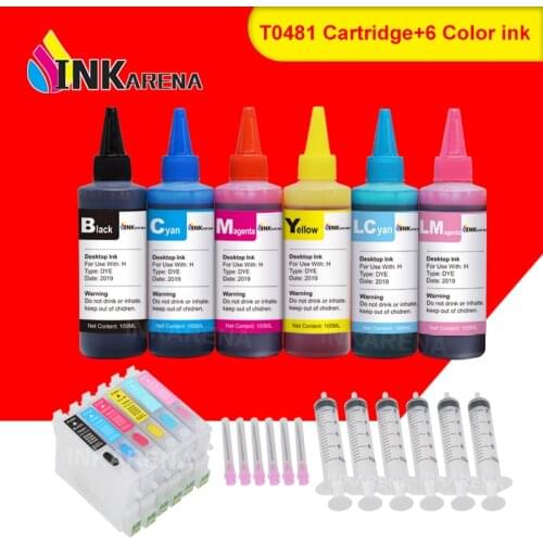 INKARENA T0481 - T0486 Ink Cartridge + 6×100ml Bottle Refill Ink Kit For Epson Stylus Photo R200 R220 R300 R300M R320 R340 RX500