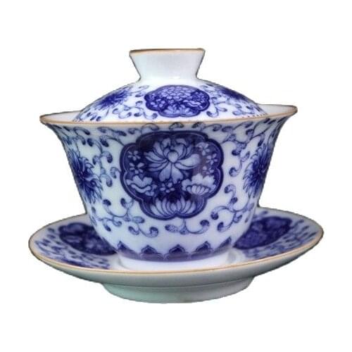 Chinese old porcelain Blue and white floral pattern cover bowl Chinese Tea Bowl