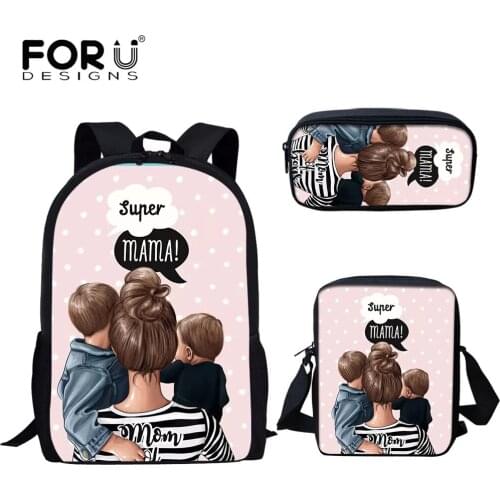 FORUDESIGNS Cartoon Super Mom Pattern Printed School Bag Set Fashion School Book Bags for Teenager Girls Casual Campus Bag