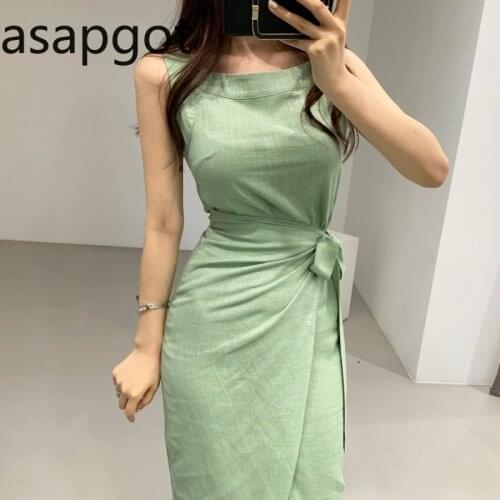 Korean Chic Wrapped One-piece Split Waist Slim Square Neck Sleeveless Cotton and Linen Dress Spaghetti Straps Bandage Dress