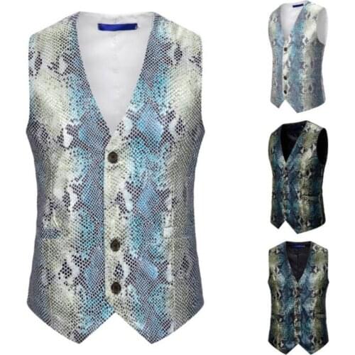 Crocodile pattern vest mens British style personality slim bright face host dress plus size hair stylist ropa hombre silver