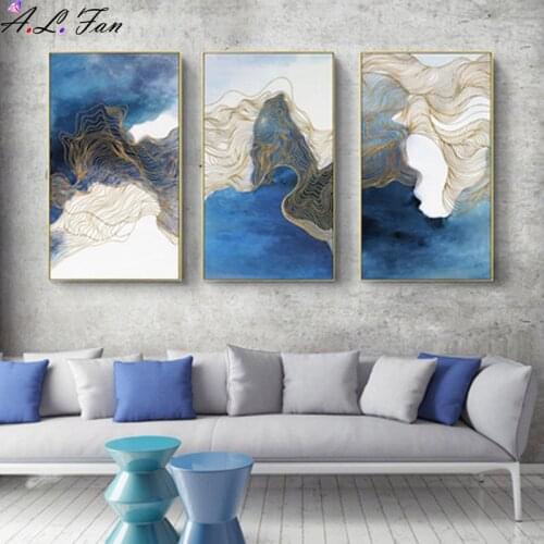 Nordic frames for decoration, abstract blue watercolor canvas frames, gold lines, Nordic wall art poster, living room, home deco