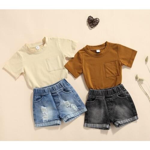 Boys Solid Color Clothes Set Short Sleeve O-neck T-shirt + Ripped Short Jeans with Pockets