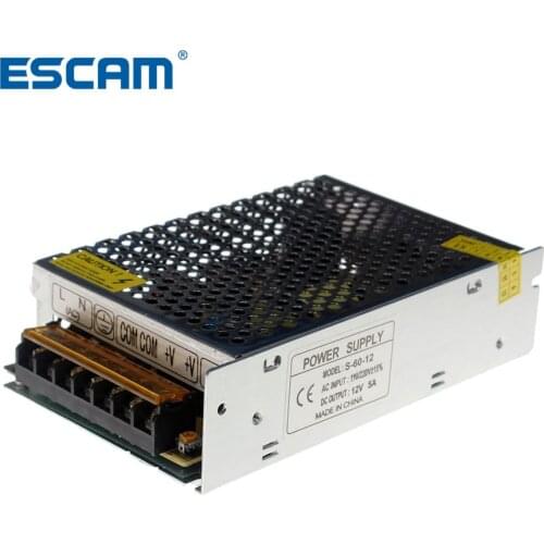 ESCAM 12V 5A 60W Switch Power Supply Transformer for CCTV Camera for Security System Strip AC 110V-240V Input to DC 12V tool