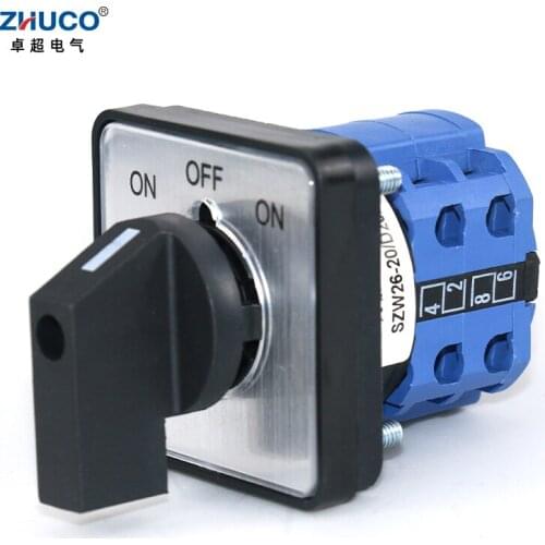 ZHUCO SZW26/LW26-20 20A ON-OFF-ON Two Pole Three Position 64X64 48X48 mm Panel Silver Contact Transfer Changeover Cam Switch