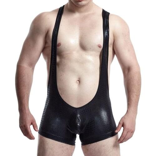 Sexy Men Bodysuits Leotard Snakeskin PU Leather Bugle Pouch Underwear Shorts Singlet Latex Undershirts Party Clubwear Plus Size