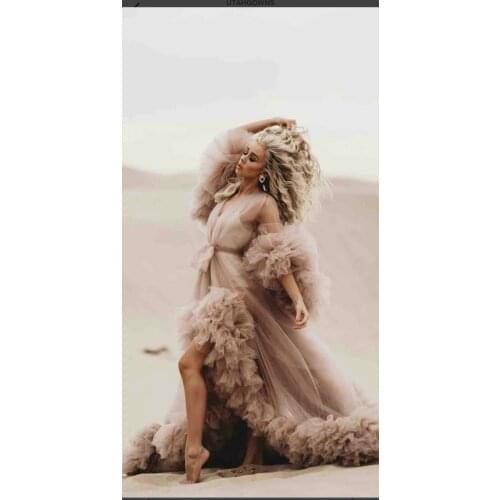 Dark Green Prom Maternity Dress for Photoshoot Tulle Bathrobe Sexy Sheer Full Sleeve Evenin Dress vestido de fiesta abiye kaftan