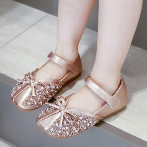 Girls Soft Soled Rhinestone Fashion Leather Shoes Bowknot Non-slip Single Shoes Children Princess Shoes Party Dance Shoes