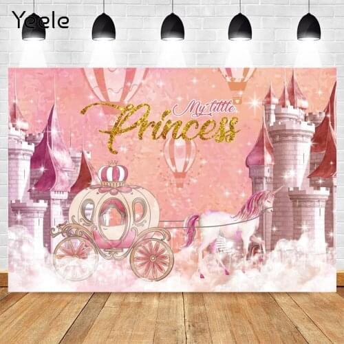 Yeele Pink Castle Unicorn Carriage Hot Air Balloon Princess Birthday Photography Backdrops Vinyl Photo Background Photophone