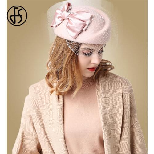 FS Ladies Wool Fedora Hats Wedding Pink Red Black Church Tea Party Fascinator French Berets Winter Pillbox Hat With Veil Hats