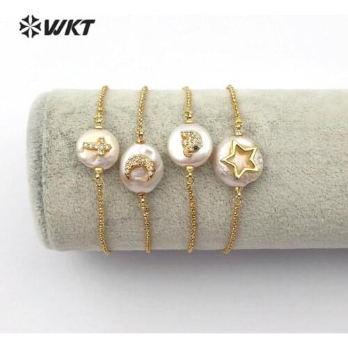 WT-MB112 WKT Natural Pearl ＆CZ Pave Stars,Moon,Cross,Elephant Shape Gold Bracelet Women Fashion Charm Bracelet Jewelry