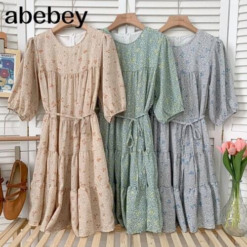 Korean O-neck puff sleeve Dress high waist lace up waist floral print short Pleated A-line Dress 2021 New Summer