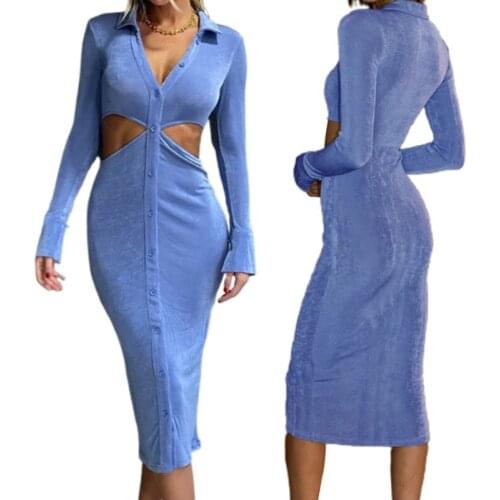 Women Close-fitting Hollow Out Dress, Solid Color Turn-down Collar Long Sleeve Dresses Spring Autumn