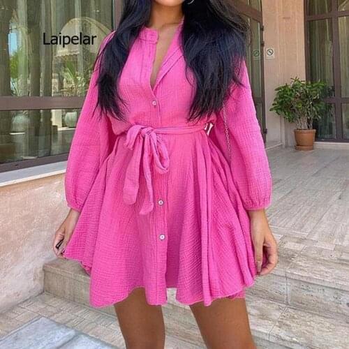 Womens dress 2021 solid color long-sleeved cotton and linen casual womens mini skirt