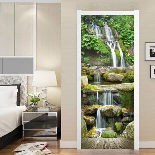 2pcs/set 3D Door Stickers Home Decor Waterfall Landscape Photo Wallpaper For Living Room Bedroom Door Mural Sticker Waterproof