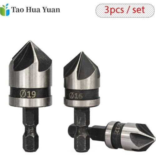 3pcs Carbon Steel 90 Degrees Round Shank Five-Edge Chamfer 12/16/19mm Countersink Woodworking Hole Opene Punching Hand Tools Set