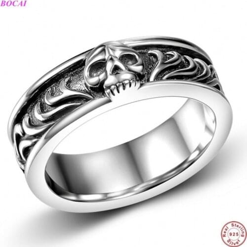 BOCAI Solide Original design S925 sterling Silver Mens ring retro personality skull Thai silver rings jewelry