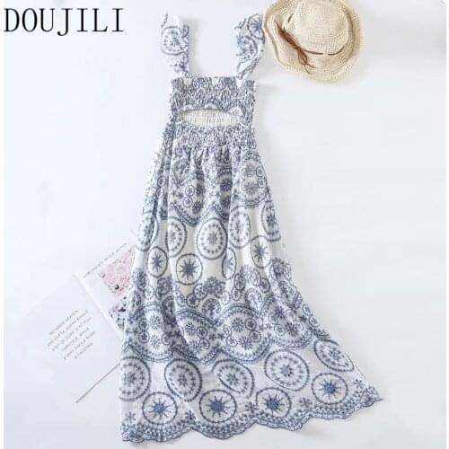 DOUJILI Women Embroidery Dress Sleeveless Backless Long Dress Female Summer Holiday Dresses