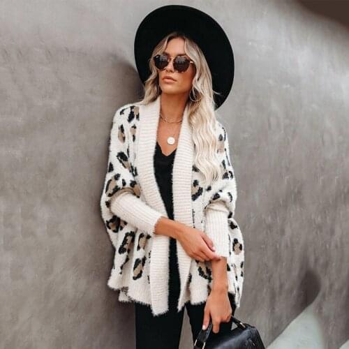 Fitshinling Fuzzy Leopard Long Cardigan Female Bohemian Slim Batwing Sleeve Overized Sweaters Cardiagns For Women Winter Coat