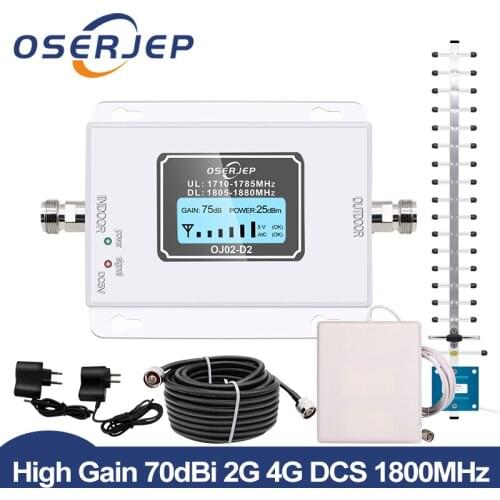 GSM LTE 1800 LCD 70dB 2g 4g Cell Phone Signal Repeater DCS 1800MHz Mobile Amplifier GSM Signal Booster + Yagi /Panel Antenna