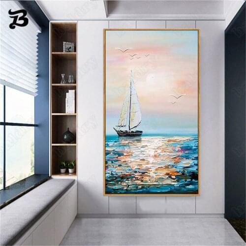 Canvas Painting Wall Art Oil Painting Modern Abstract Ocean Sunset Sailing Waves Landscape Living Room Corridor Home Decoration