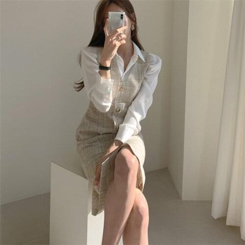 Plaid Tweed Single Breasted Sleeveless Dress + White Blouse Slim Fit Two Piece Set High Waist Korean Elegant Office Suit B441