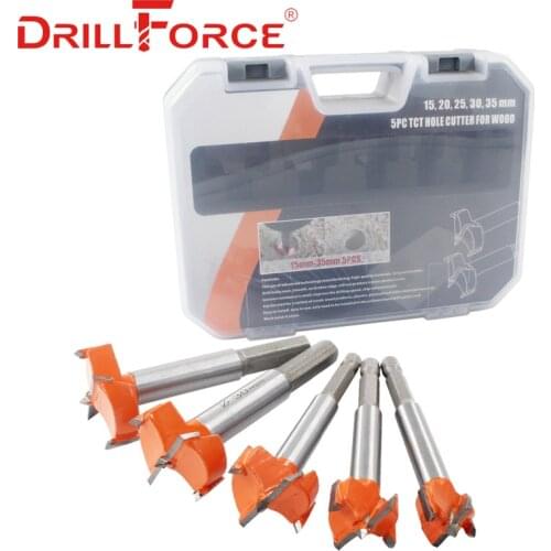 Drillforce 5PCS 15-35mm Woodworking Drill Bits Set Hole Saw Opener Forstner Carbide Tip Cutter Tool 15mm/20mm/25mm/30mm/35mm