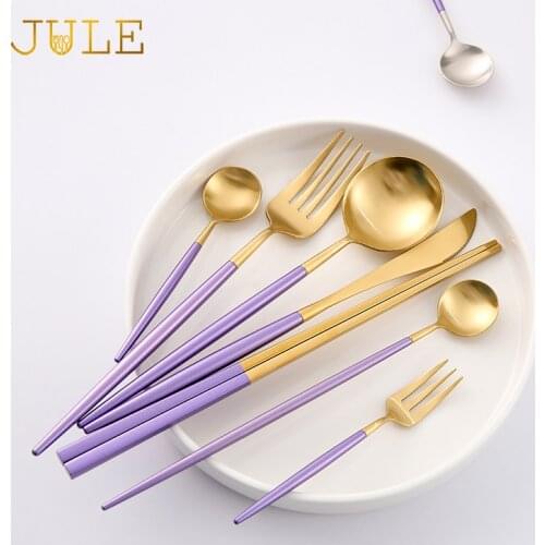 Korean Purple Dinnerware Set 18/8 Stainless Steel Dinner Knife S poon Fork Sets Western Restaurant Golden Tableware Cutlery Sets