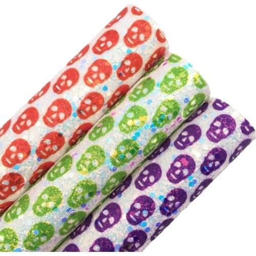 LEOsyntheticoDIY Halloween Skull PrintedChunky Glitter Vinyl Fabric Sheet Felt Backing Synthetic Leather Faux DIY A4 SIZE R190A