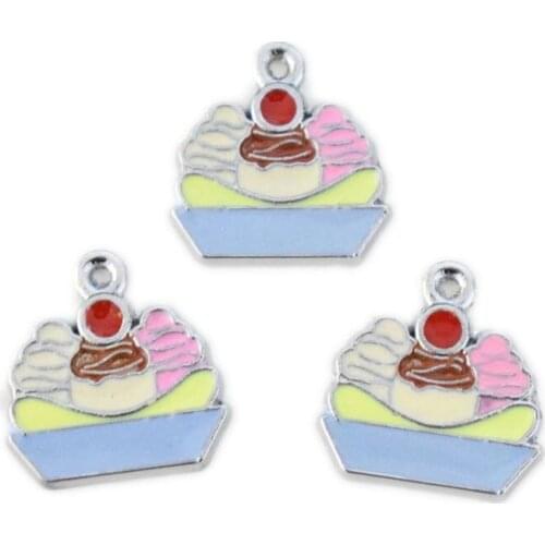 Cute Cherry Ice Cream Cake Food Pendant Silver Base Enamel Charms Fashion DIY Handmade Bracelet Necklace Jewelry Accessories