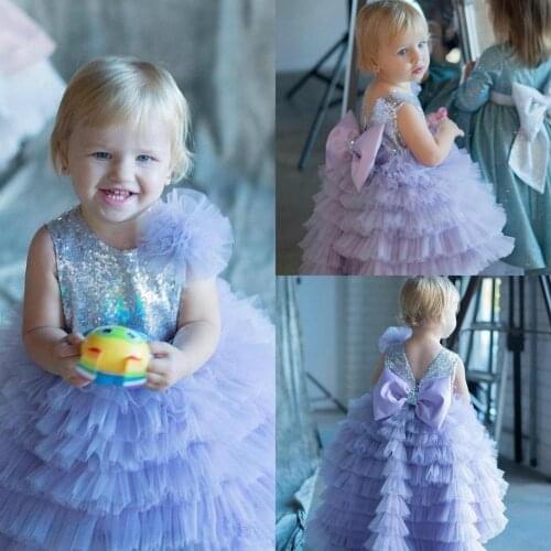 Cute Lavender Sparkly Flower Girl Dresses Sequined Top 2020 Tier Ruffles Skirt Lovely Girls Pageant Dress with Bow Sash