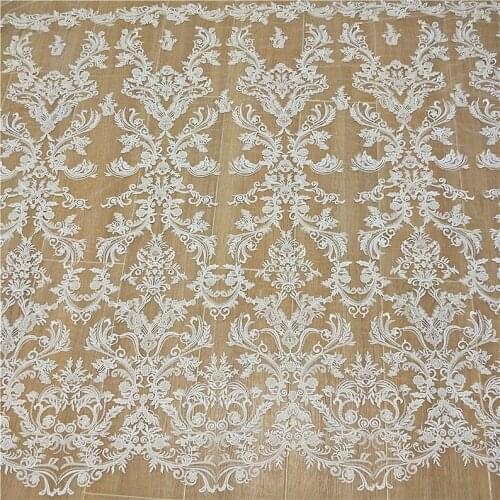 Fashion Beaded Floral Embroidery Lace Fabric With Sequins In Off White Tulle For Wedding Dress, Gowns Or Table Runner